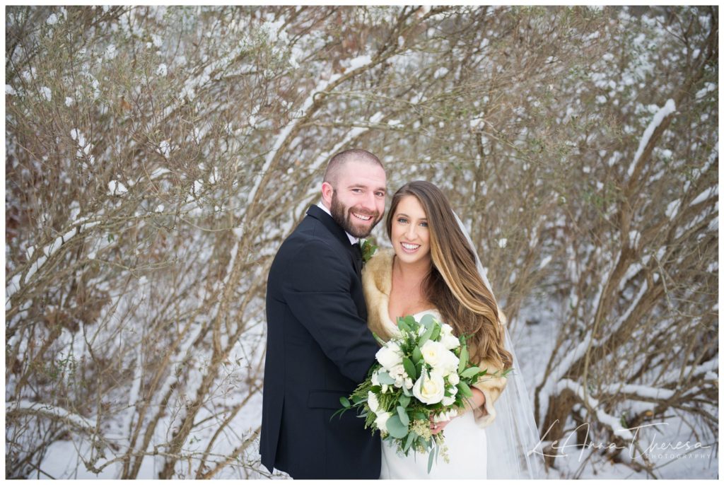 bride and groom in snow Carriage House Galloway, NJ Wedding Photos