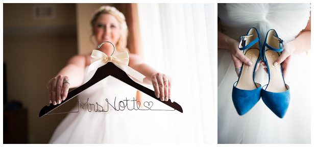 bride and wedding dress hanger