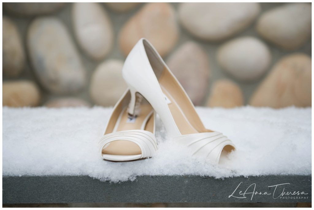 Shoes in snow Carriage House Galloway, NJ Wedding Photos