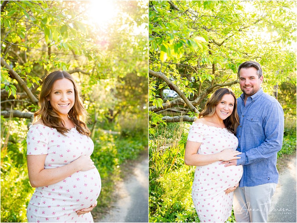 Barnegat Light maternity photos in front of green trees
