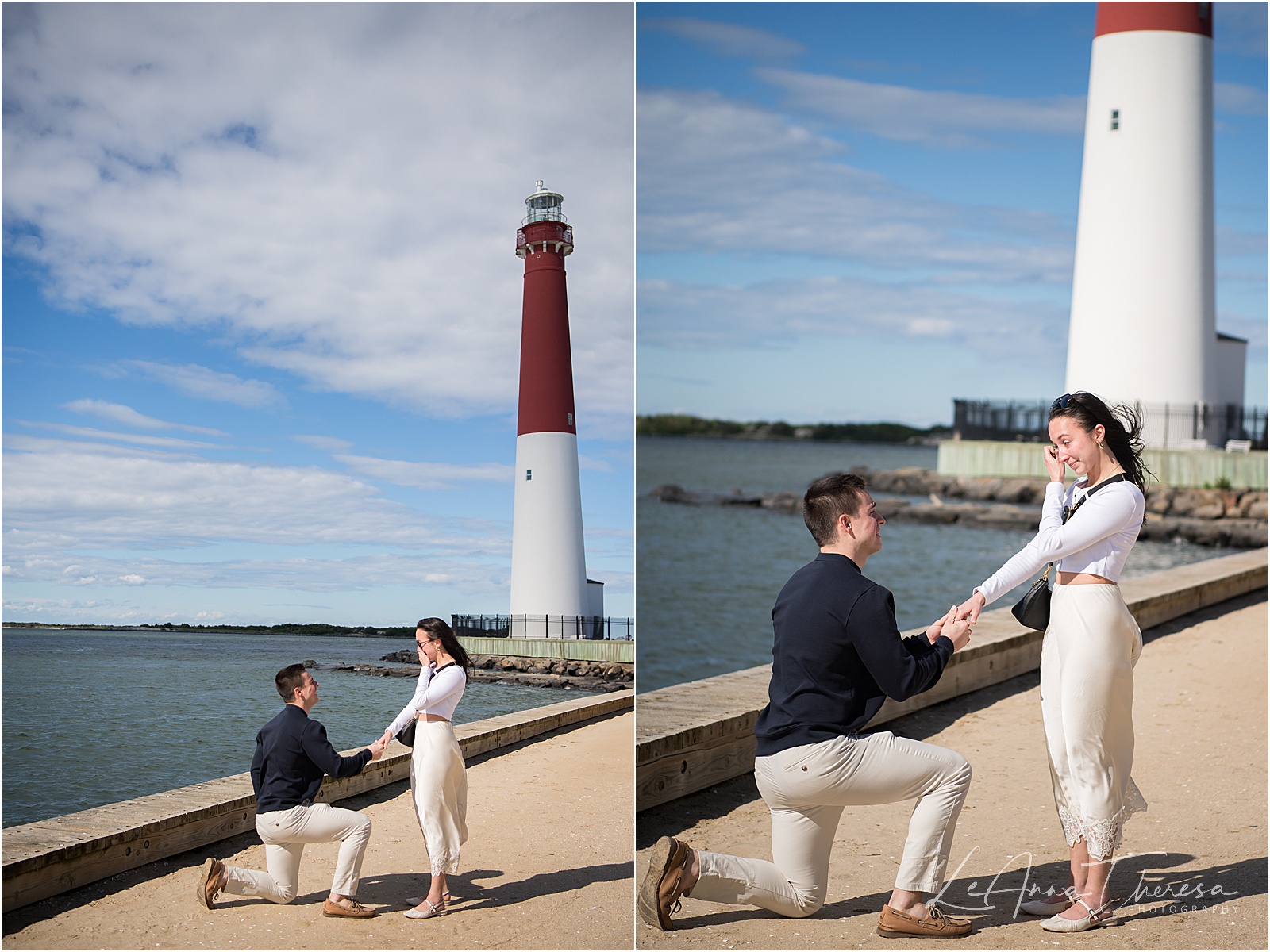 A man is one one knew in front of the barnegat light house proposing