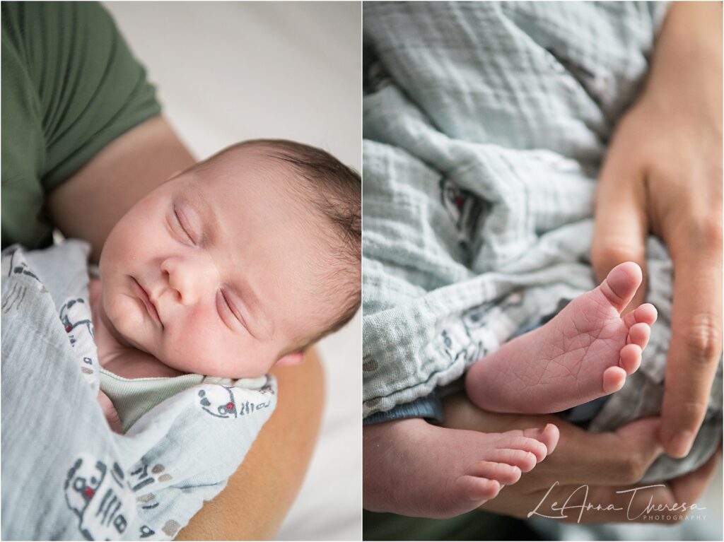 Unposed newborn photos of a smiling newborn boy in his mothers arms 